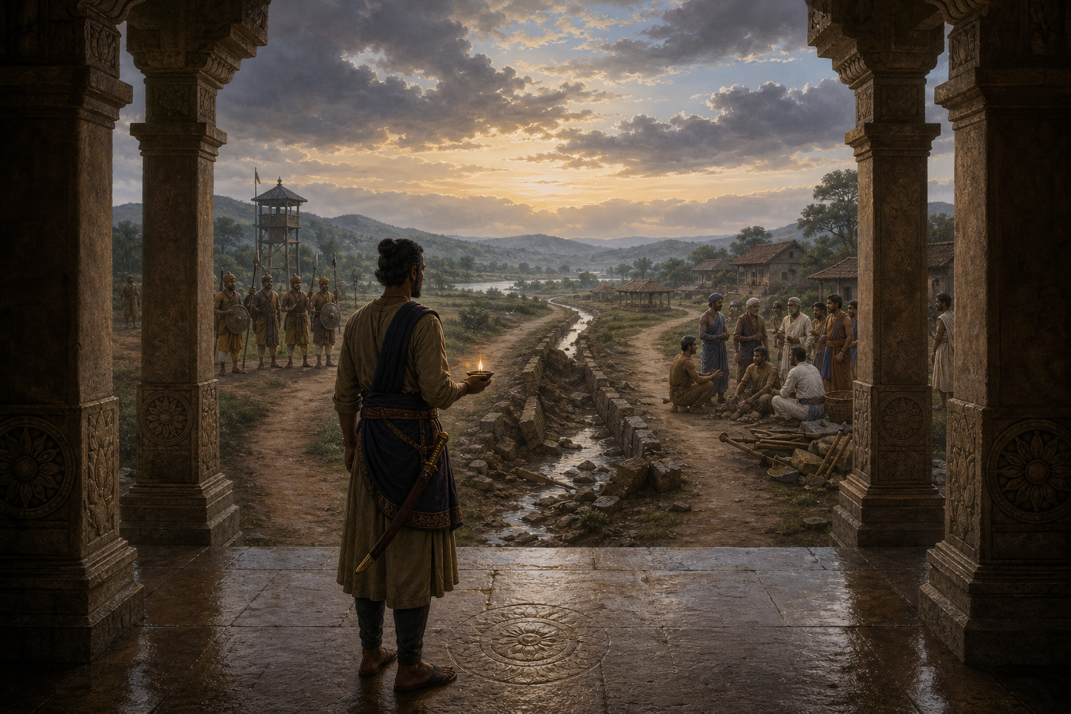 A council leader holding an oil lamp pauses beside a sheathed sword while villagers, elders, guards, and repair workers gather near a damaged water channel at dawn.