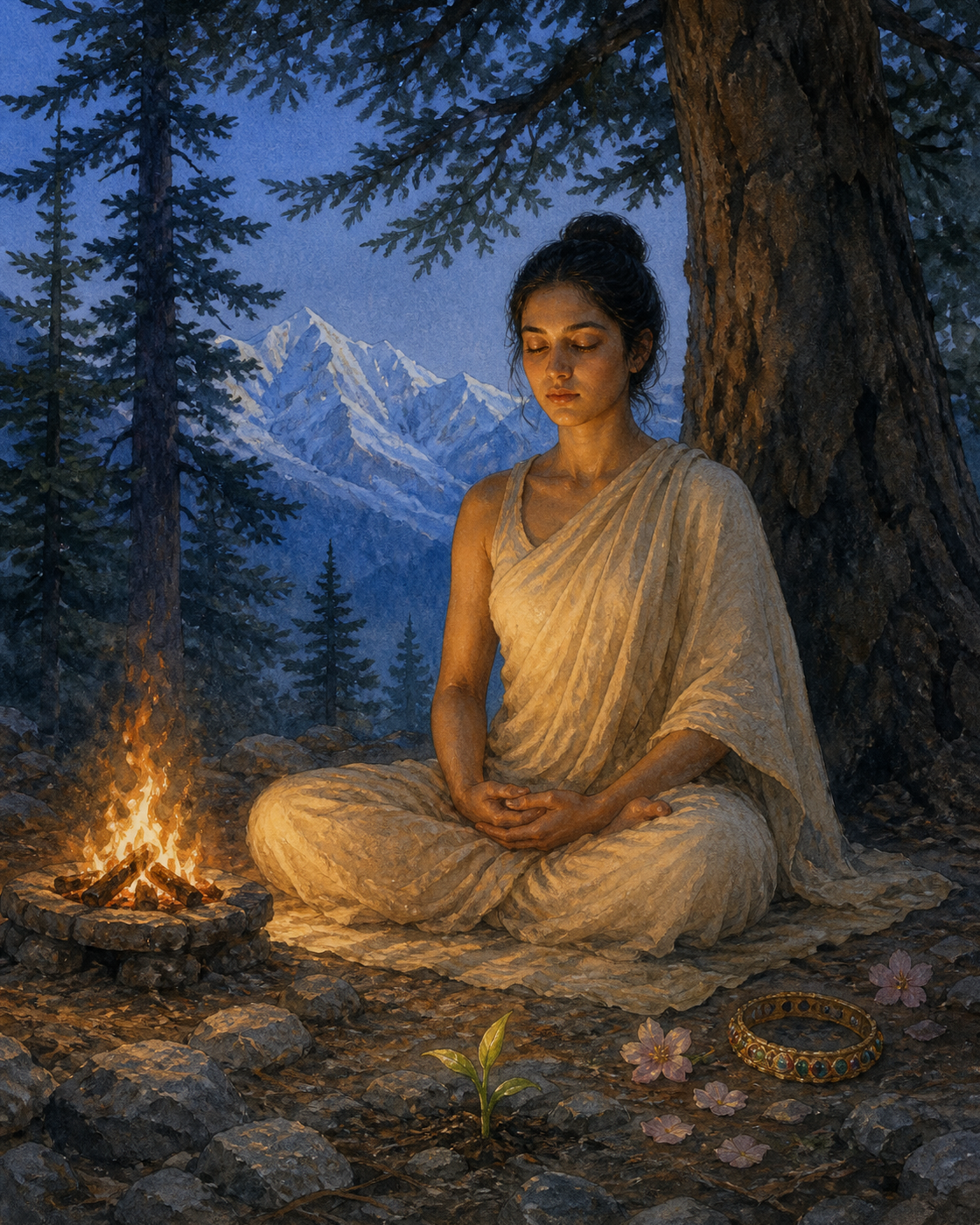 A young woman ascetic meditates beneath a deodar tree beside a small ritual fire, with fading flowers, a bracelet, a green shoot, and snowy mountains nearby.