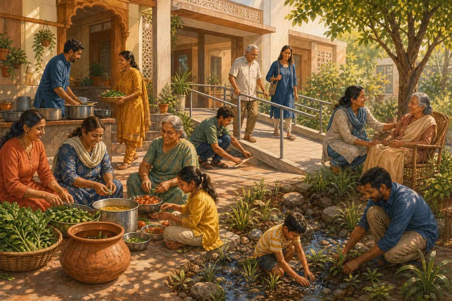A multigenerational community prepares food, tends a rain garden, improves an access ramp, and supports an older neighbor in a shared courtyard.