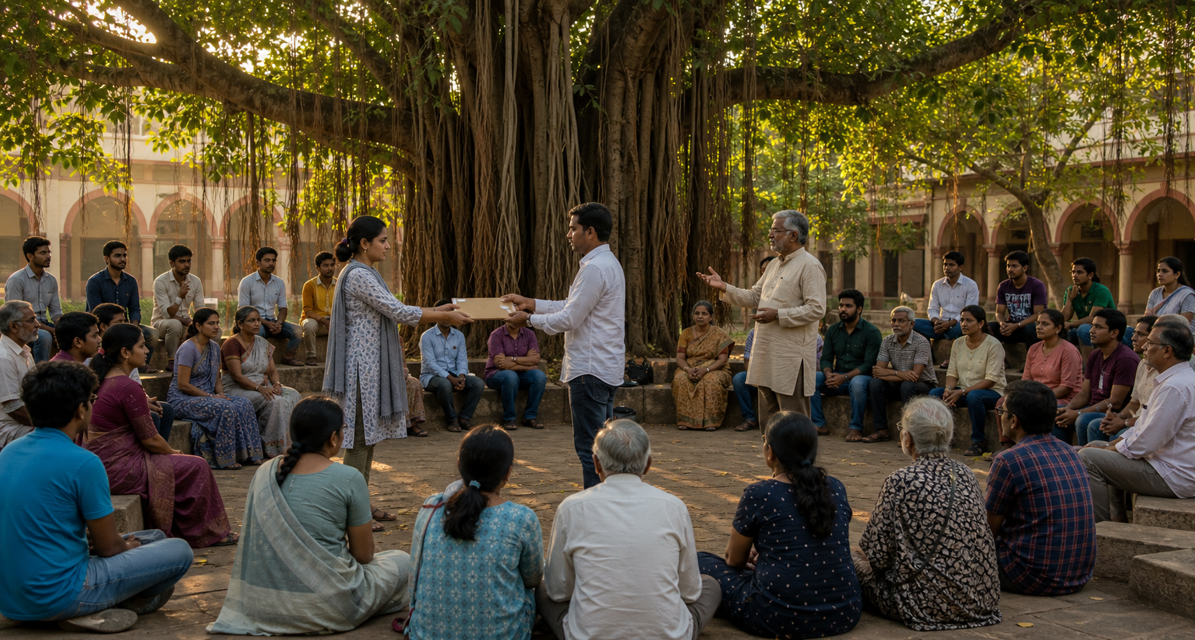 Students, parents and elders hold a peaceful discussion in a broad circle beneath a banyan tree on a college campus.