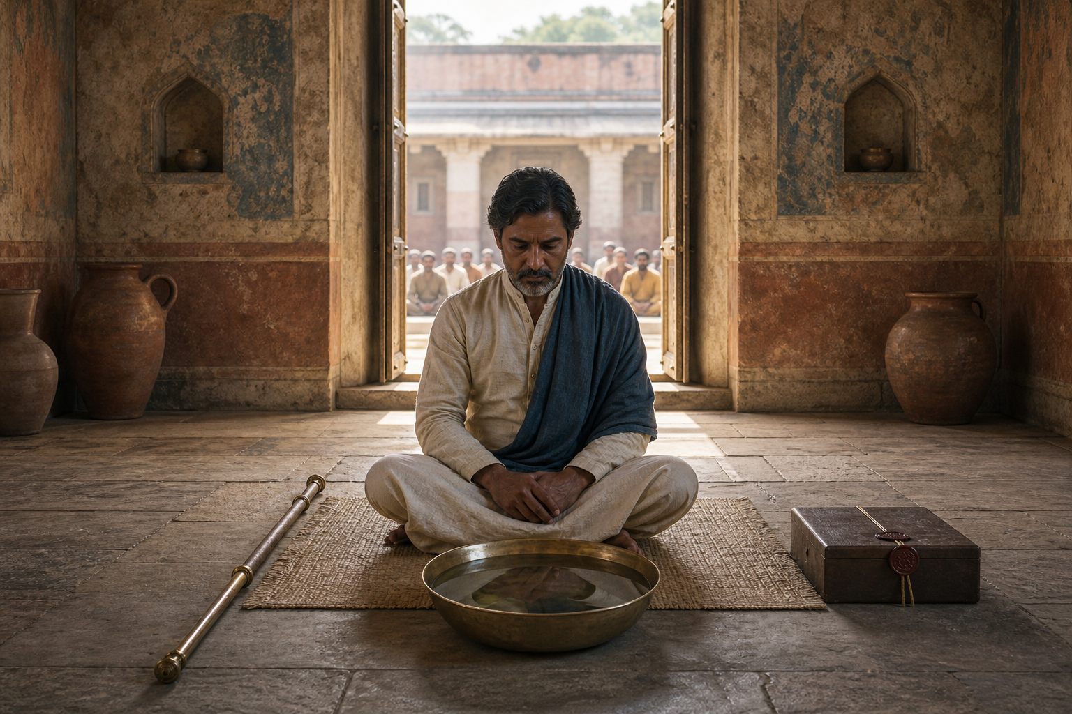 An authority figure meditates in a stone hall beside a bowl of still water while a staff and document case remain out of reach and a council waits outside.