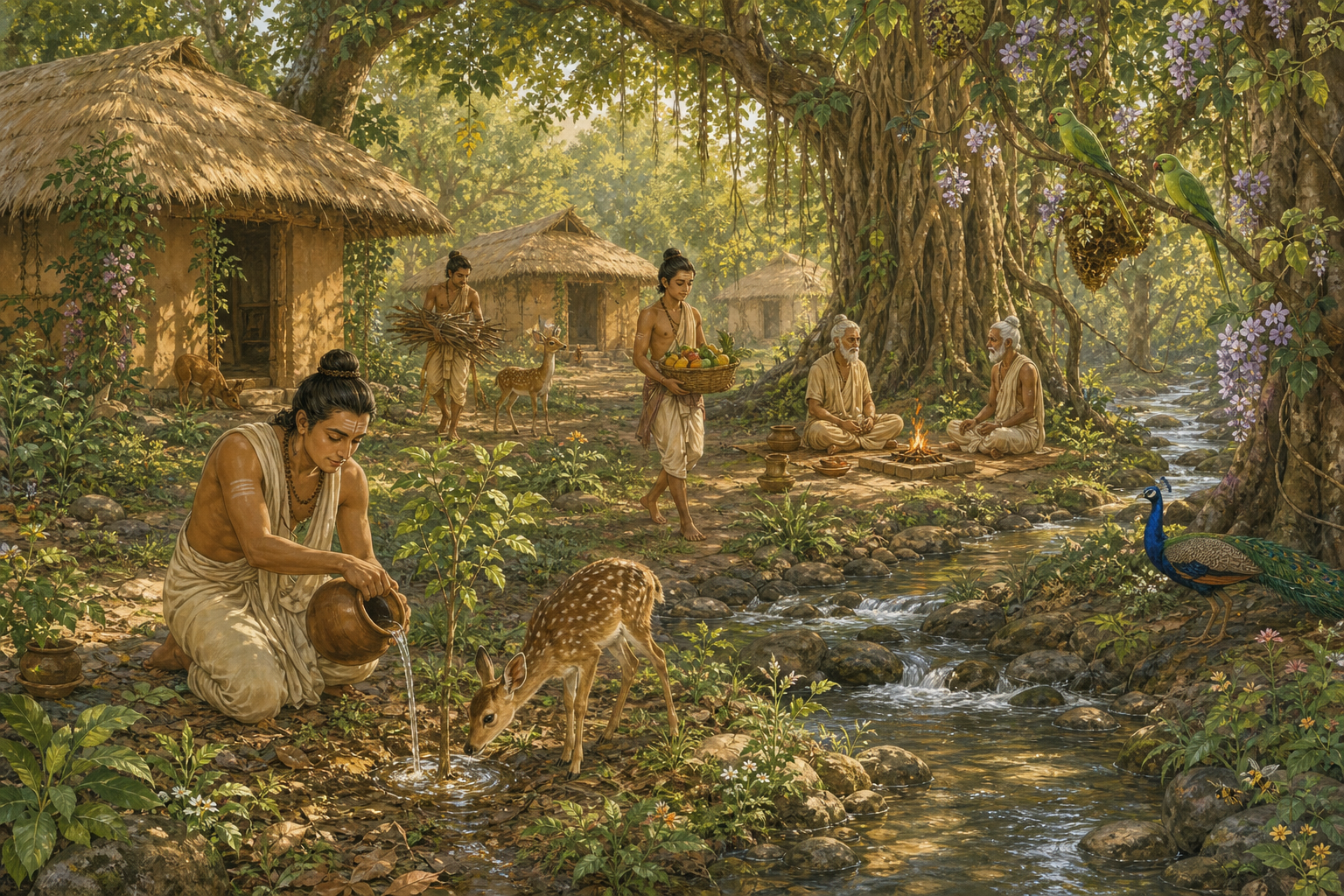 Residents of a forest hermitage tend a sapling, gather fallen wood, carry fruit, and sit near a small fire among huts, a stream, deer, birds, and flowering plants.