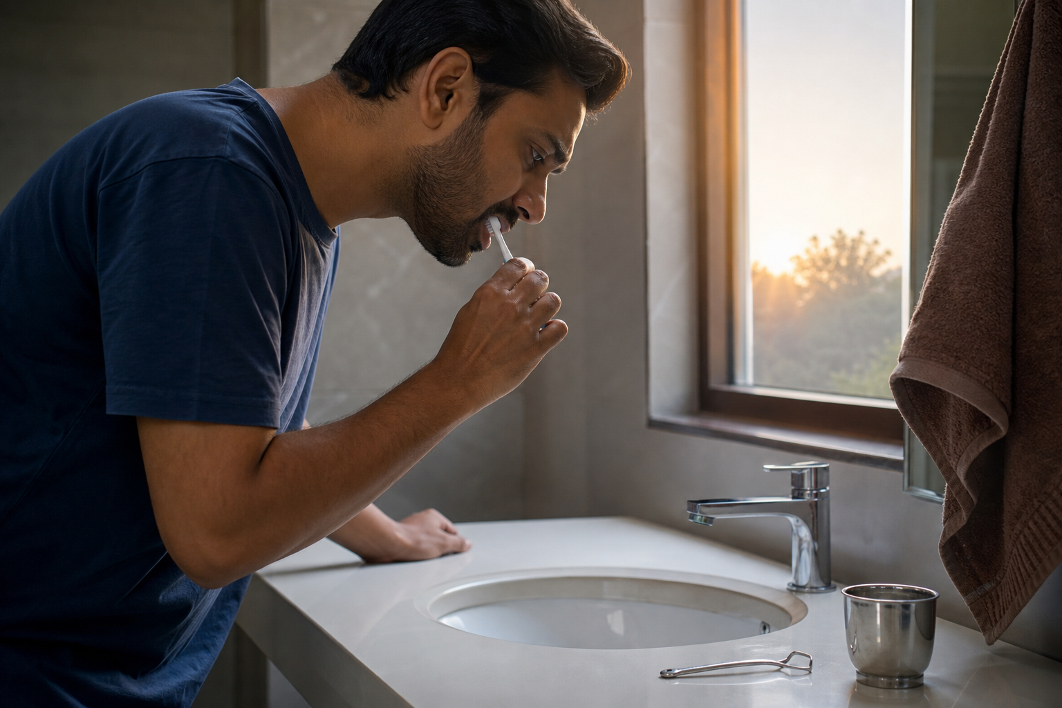 A South Asian adult gently brushes over a tidy basin with a rinsing cup and tongue cleaner nearby at sunrise.