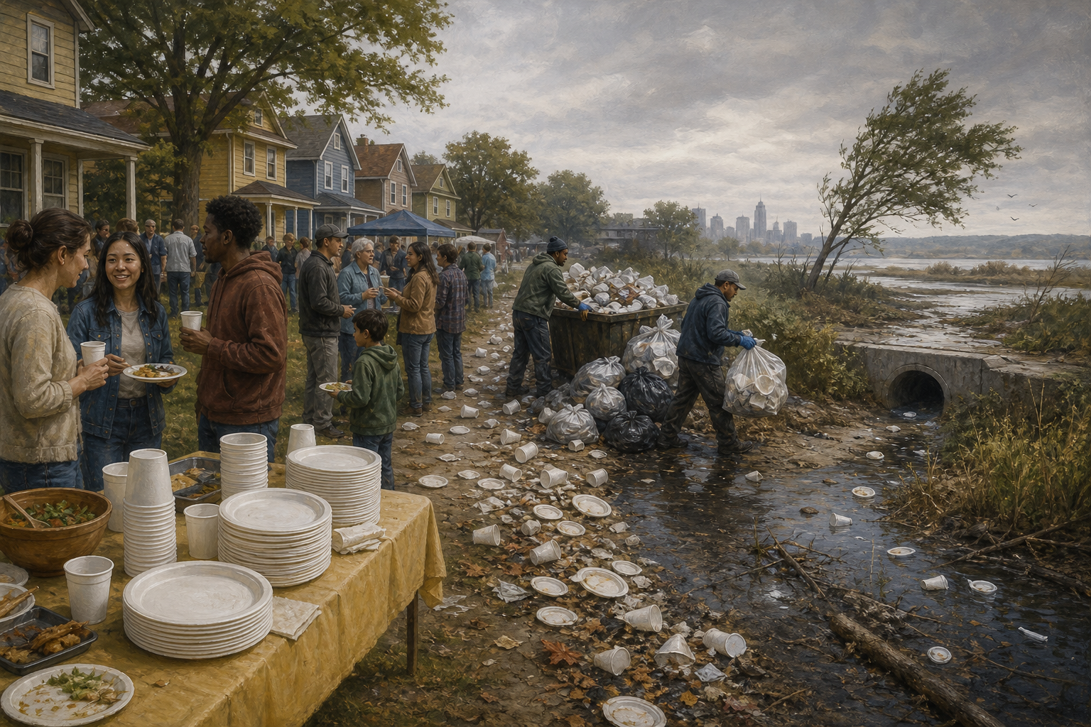 Disposable dishes from a community gathering accumulate for workers to handle while some debris drifts toward a storm drain and wetland.
