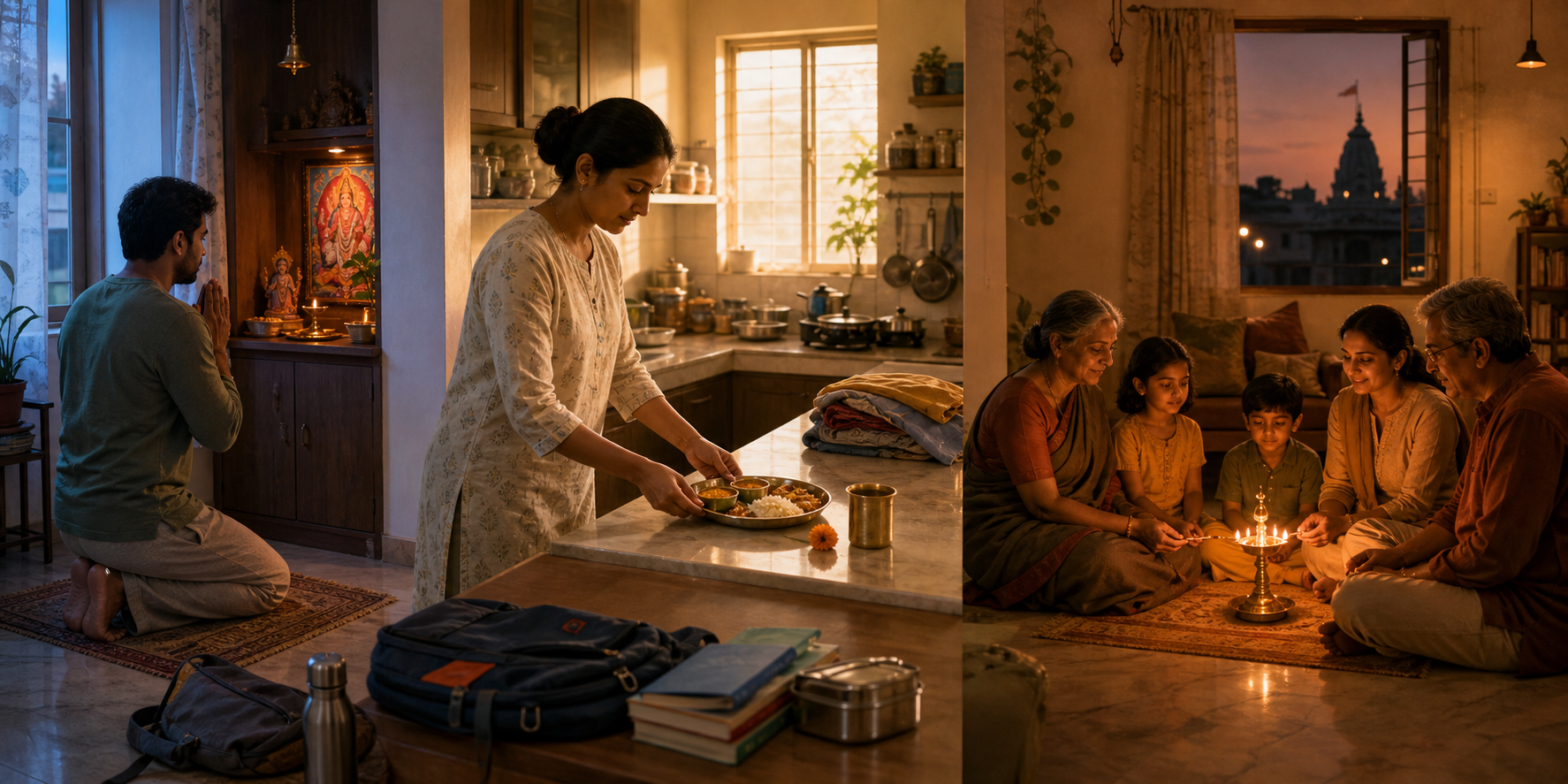 Three connected scenes show a household pausing for devotion at dawn, offering food at midday, and gathering around an oil lamp at dusk, with a mandir visible in the distance.
