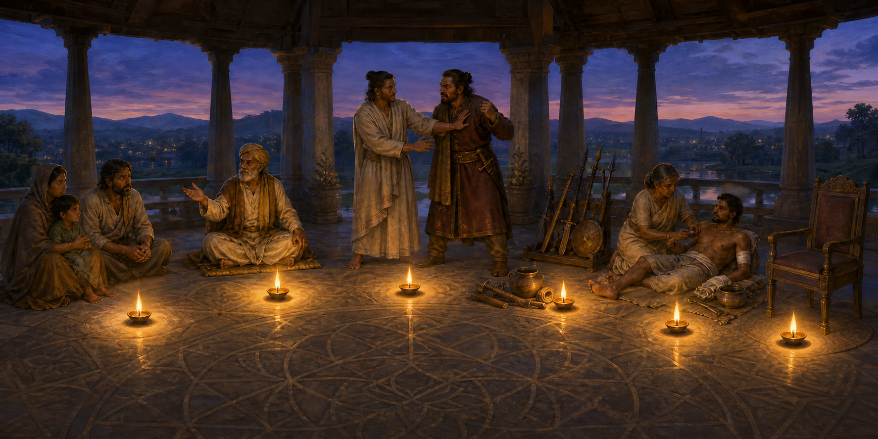 Six oil lamps illuminate a council scene with a vulnerable family, an elder, a mediator, an official, repair tools, unused weapons, a healer, and an empty review seat.