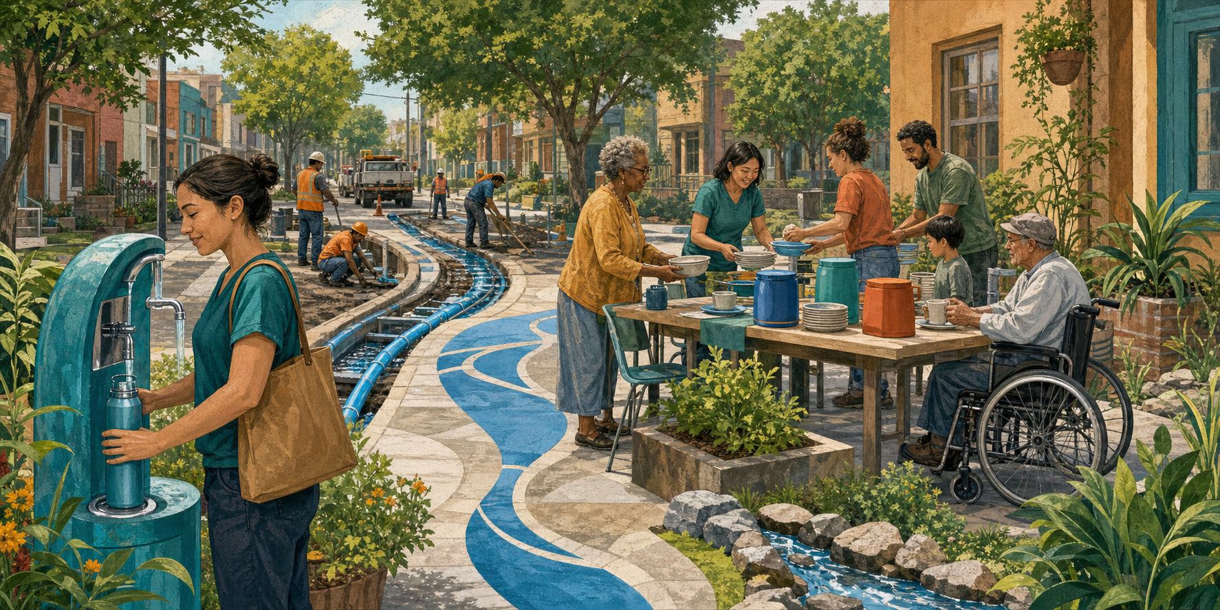 A person refills a water vessel as community organizers improve an event station and municipal workers repair public water infrastructure nearby.