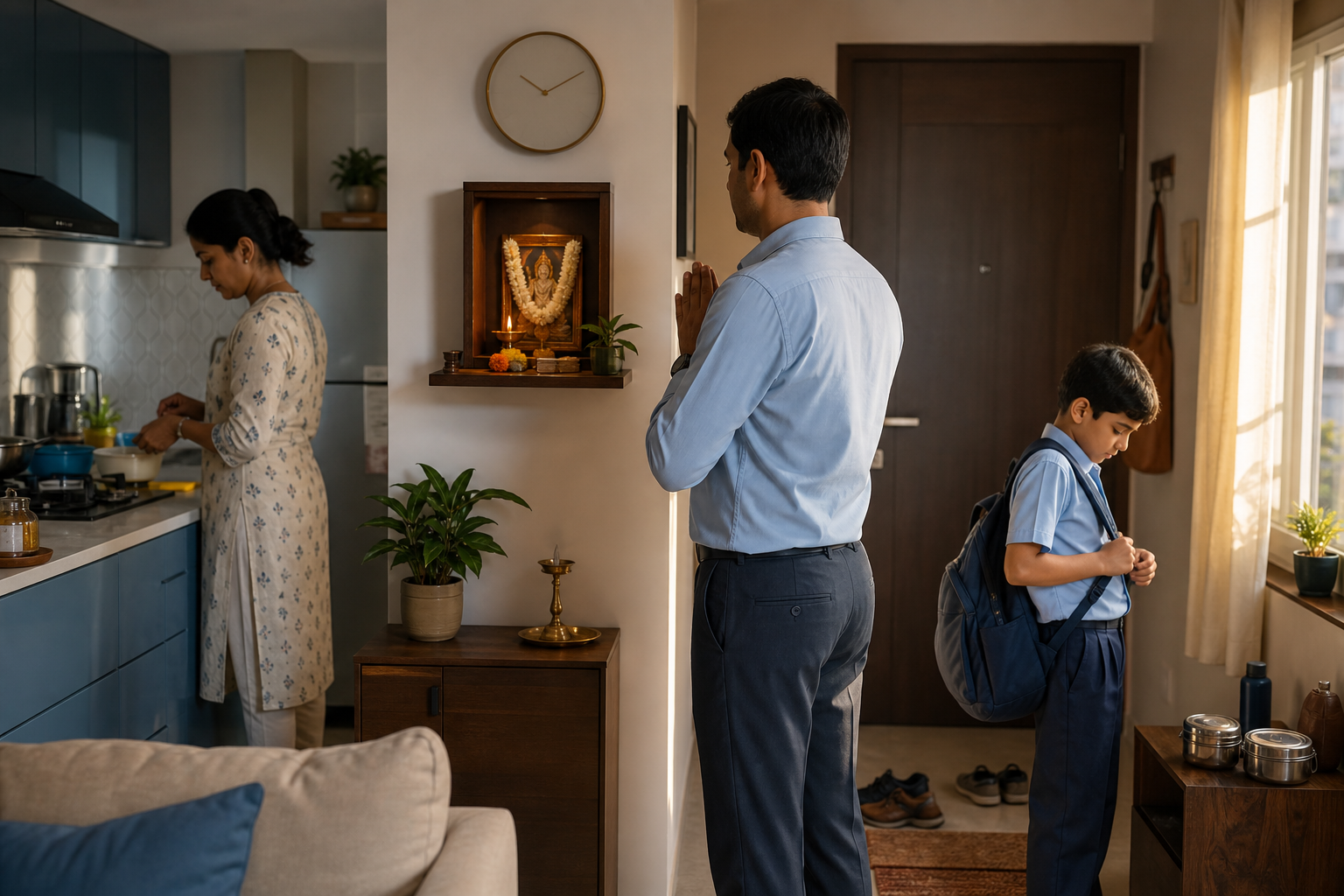 A parent pauses before a small home shrine while another adult prepares breakfast and a child gets ready for school in a sunlit apartment.