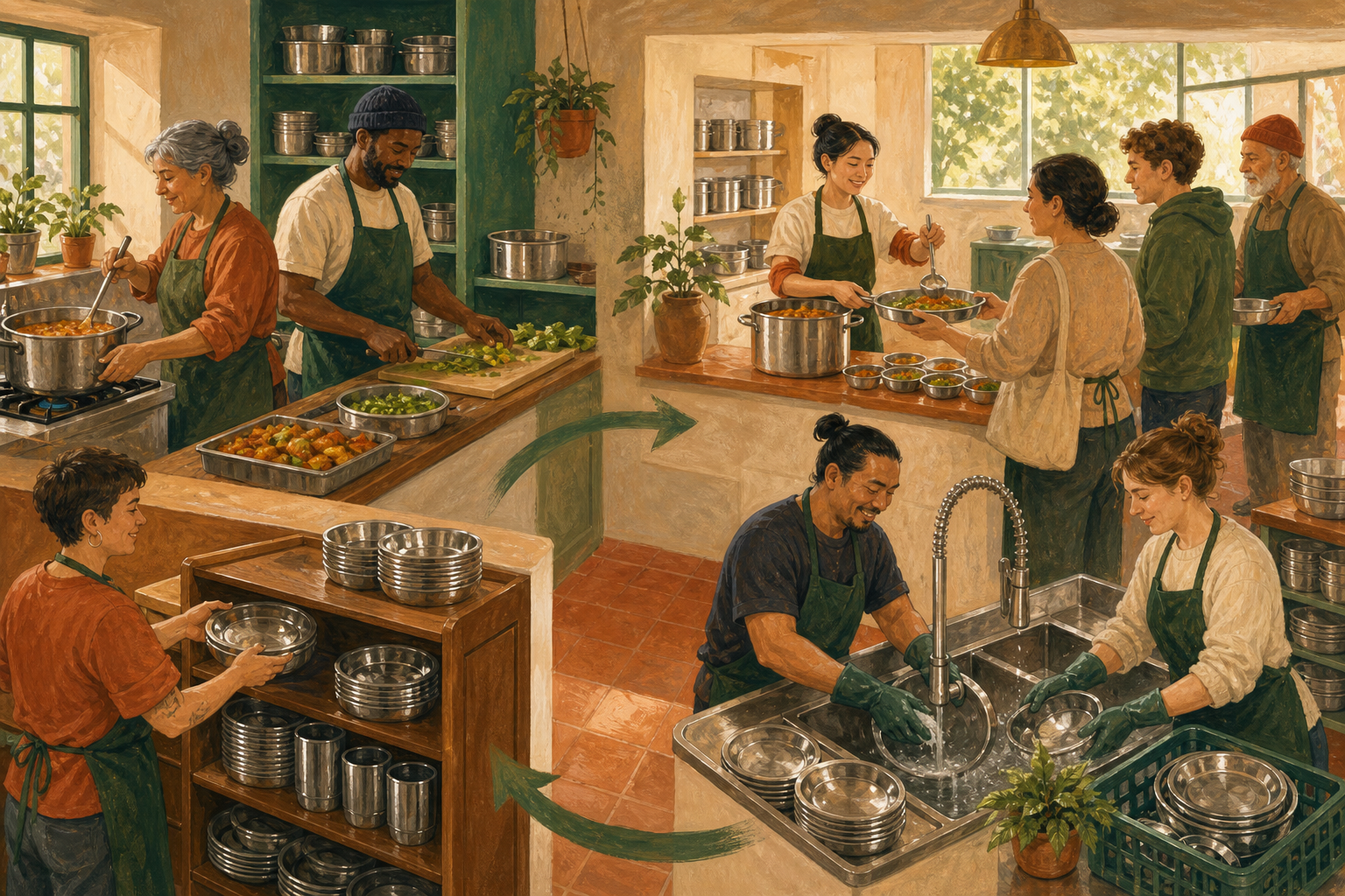 Volunteers cook, serve, wash, and return reusable metal dishes through an organized community kitchen workflow.