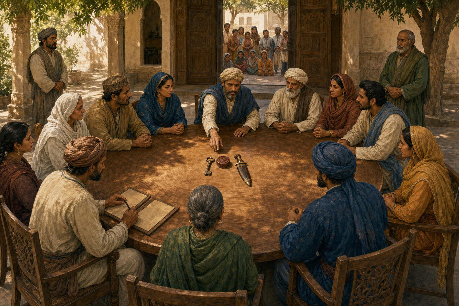 A circular courtyard council watches as a leader places a seal, key, and sheathed dagger at the center of the shared table while witnesses and community members observe.