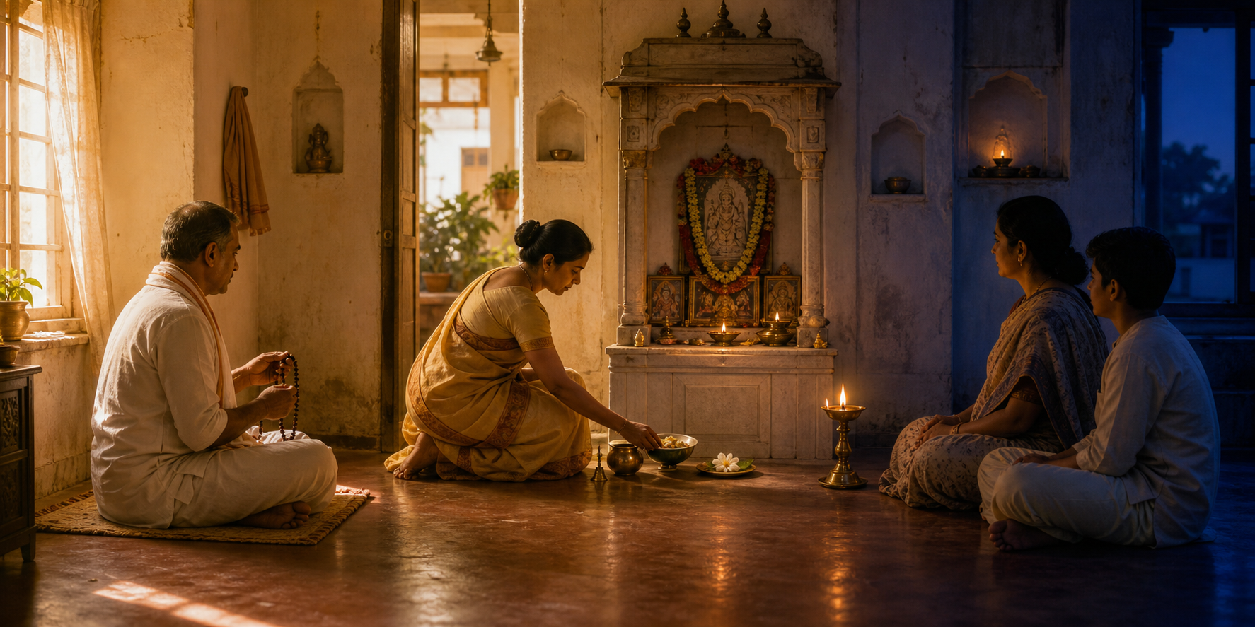 A continuous three-part home scene shows prayer beads in the morning, a food offering at midday, and quiet reflection beside an oil lamp at dusk.