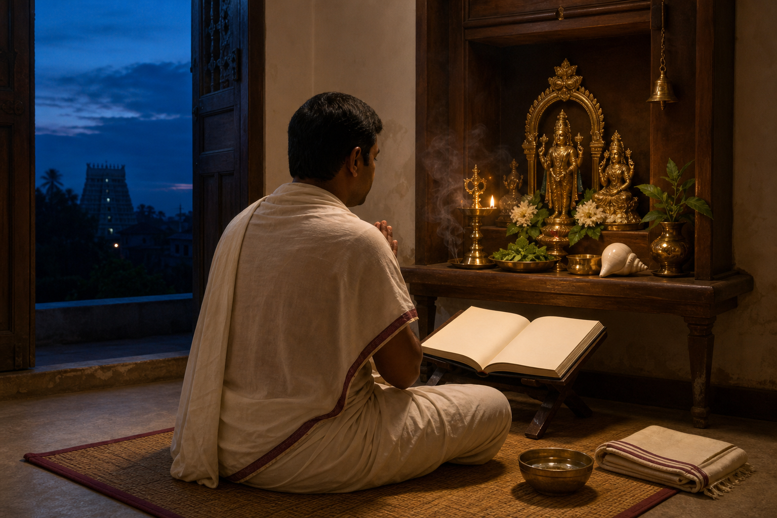 A devotee sits before a small home shrine with an oil lamp, flowers, tulasi leaves, and an open devotional book in the blue light before dawn.