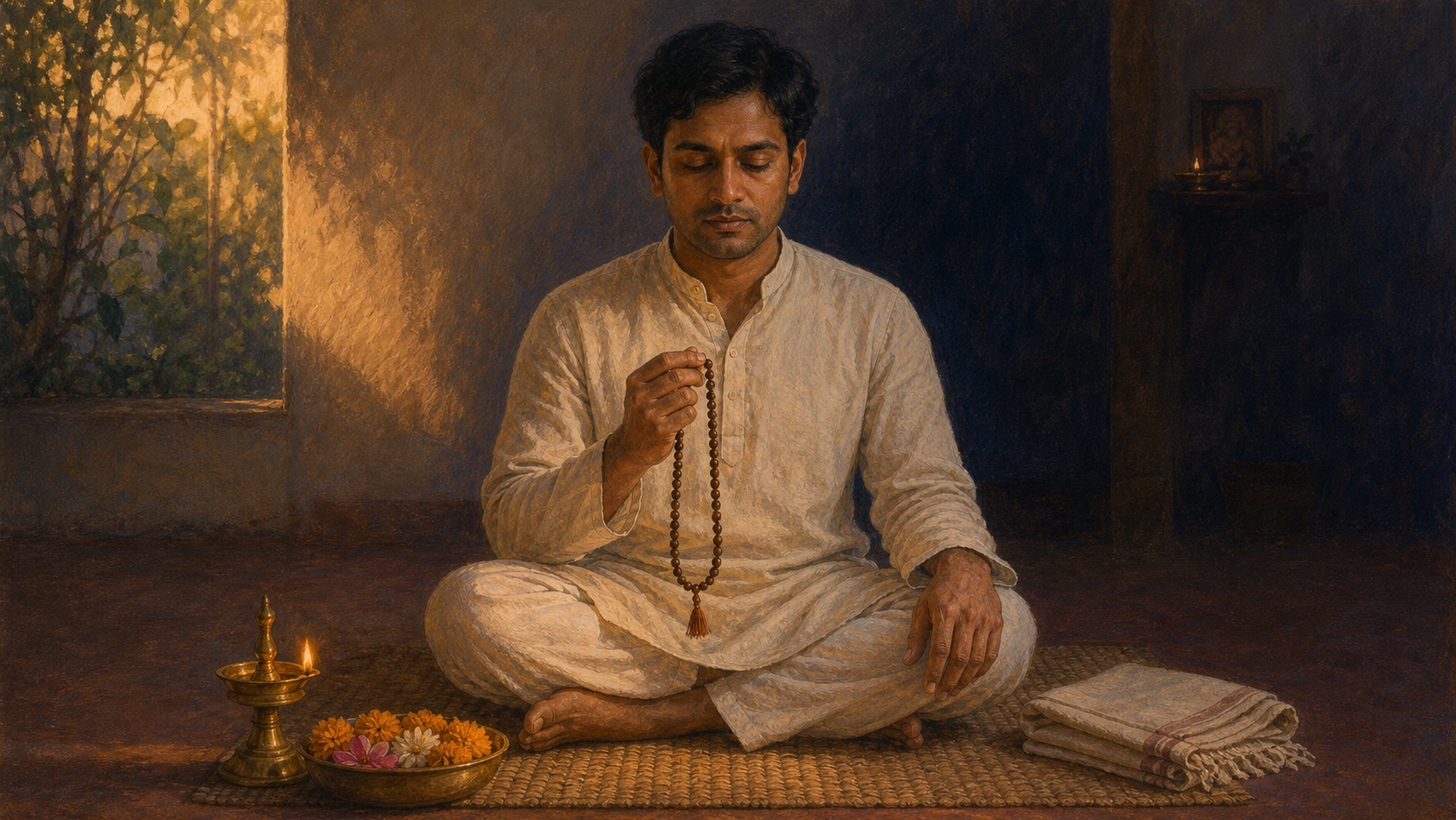 A practitioner sits on a woven mat holding a mala beside a glowing brass oil lamp and a bowl of flowers at dawn.