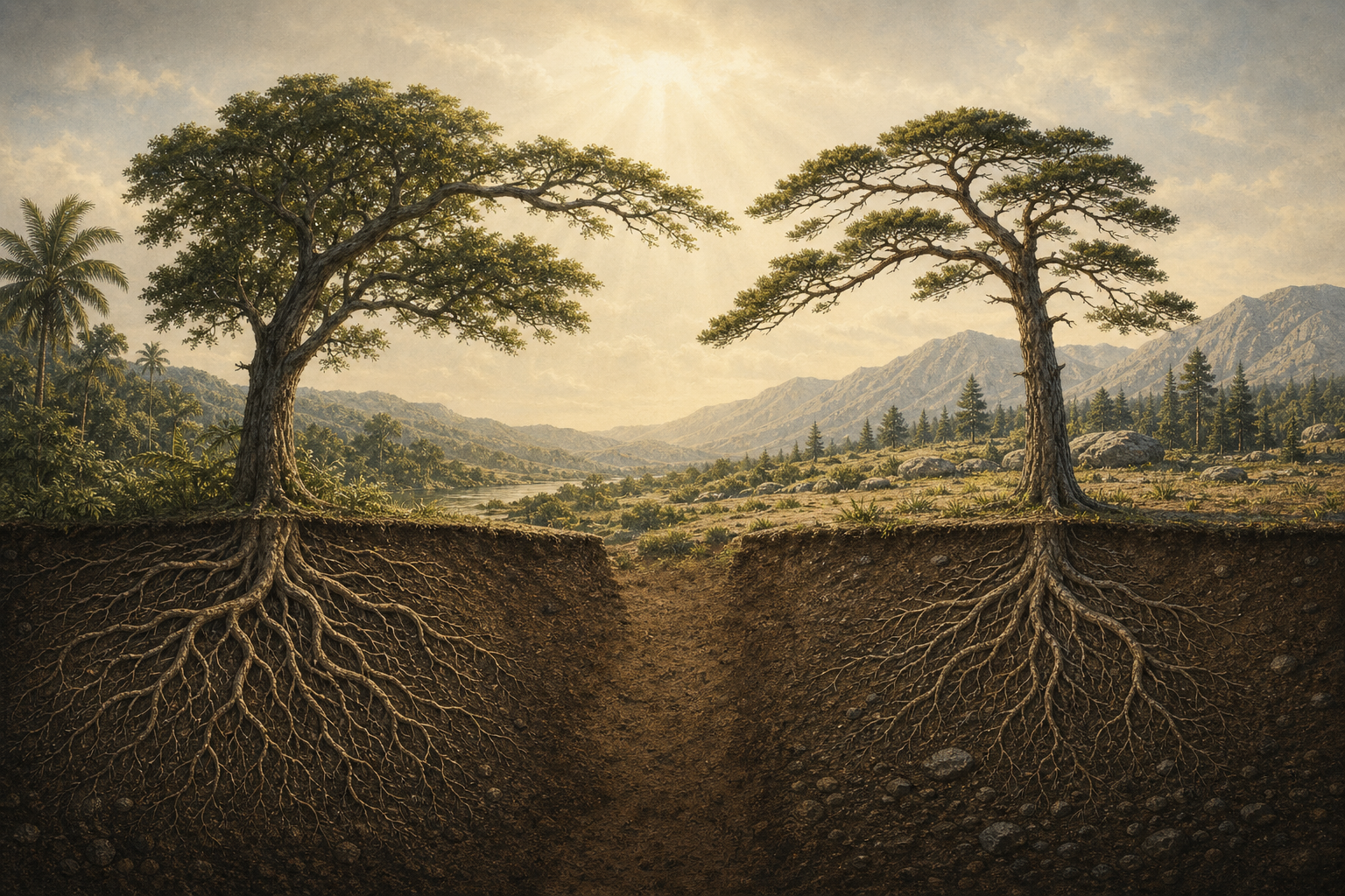 Two trees with separate root systems grow in different soils while their branches form similar shapes in the sunlight.