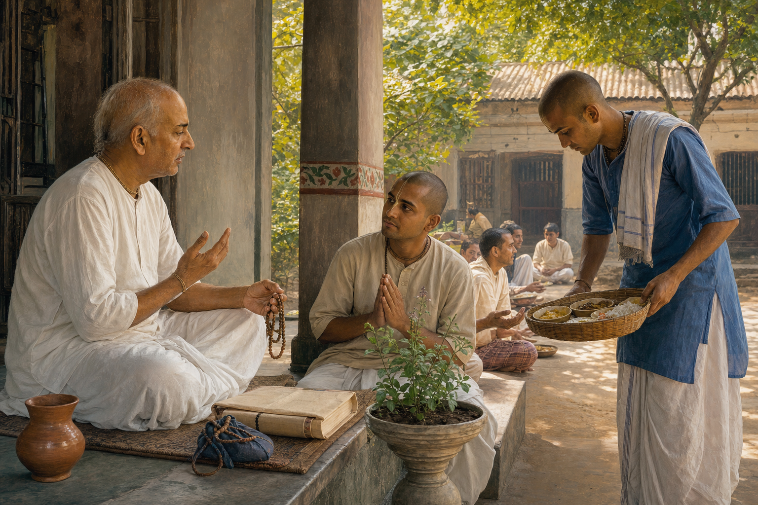 An older Vaishnava teacher instructs two students on a shaded veranda as one prepares a simple meal for pilgrims.