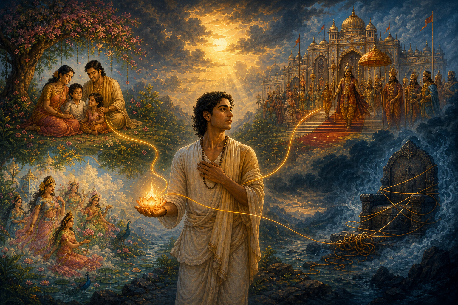 A seeker holds a glowing lotus-flame while a golden thread leads toward family, courtly, and garden scenes before tightening into knots around a distant throne.