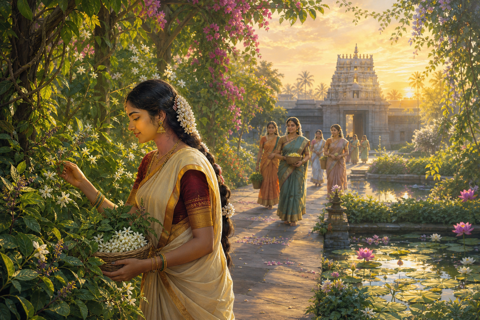 A young Tamil devotee gathers tulasi and jasmine in a garden at dawn while companions walk toward a distant Vishnu temple.
