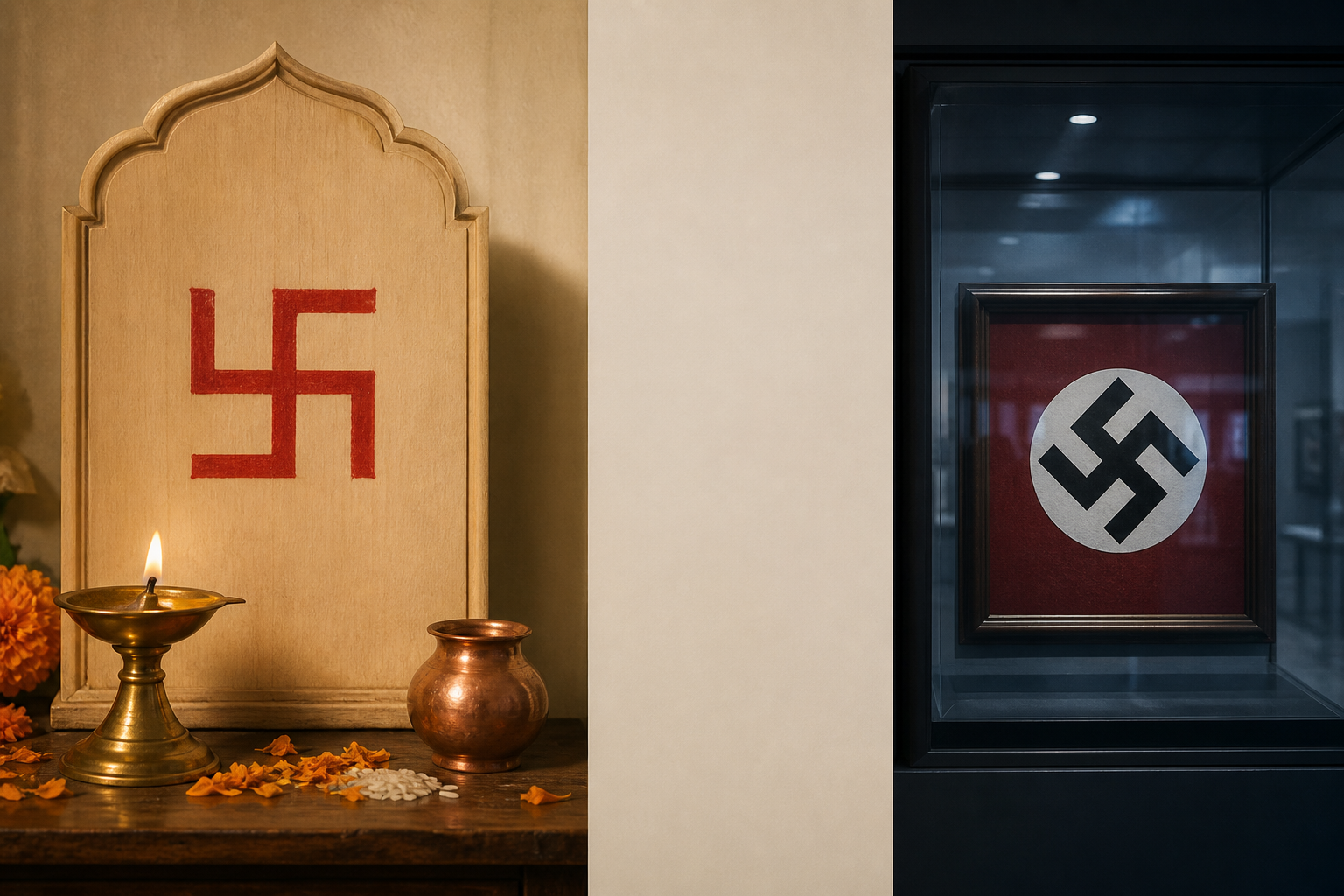Split editorial image showing a red sacred Swastika in a warmly lit home shrine and a diagonal black Nazi Hakenkreuz behind cold museum-style glass.