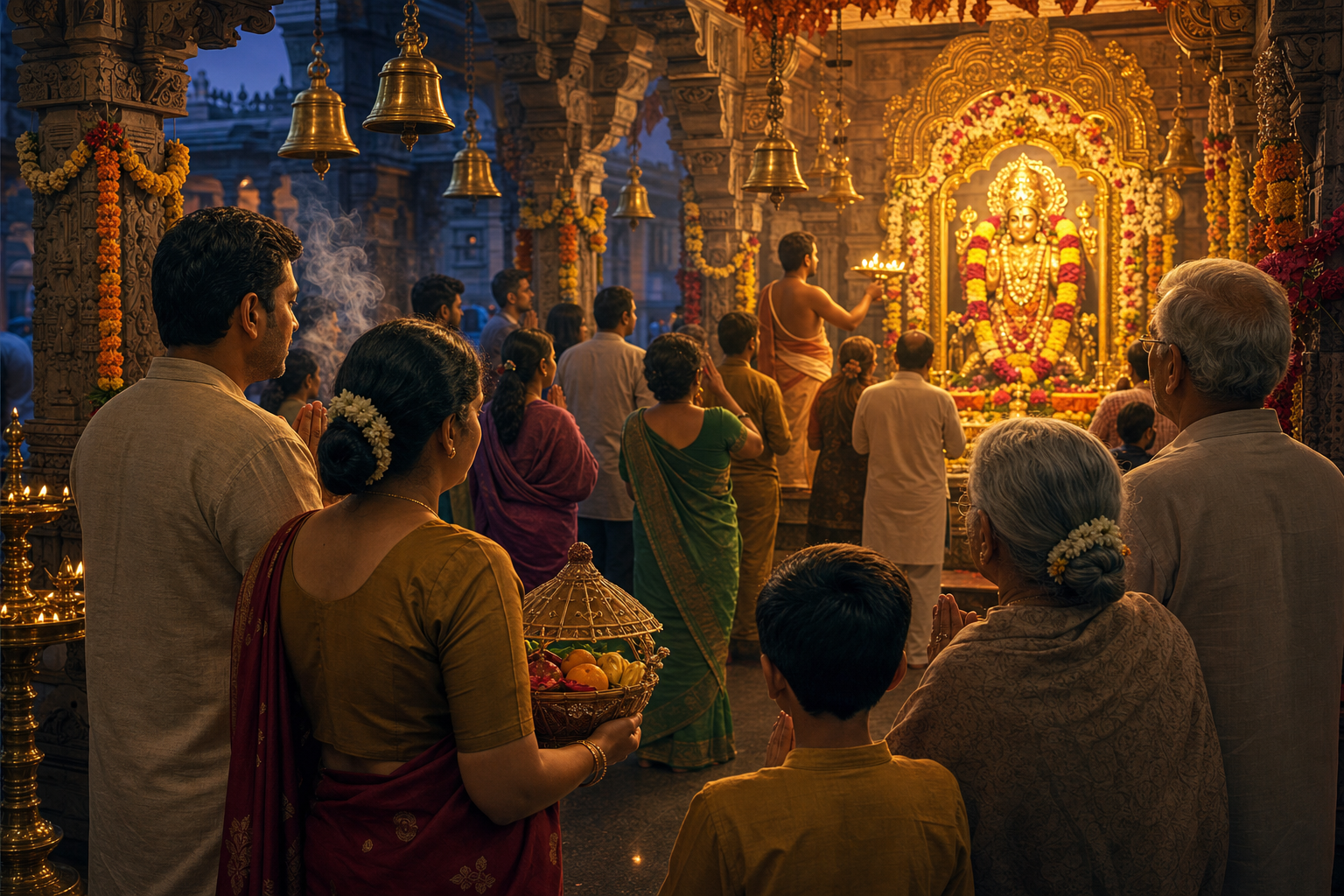 A multigenerational family joins an evening arati with other devotees inside a flower-decorated mandir illuminated by brass lamps.