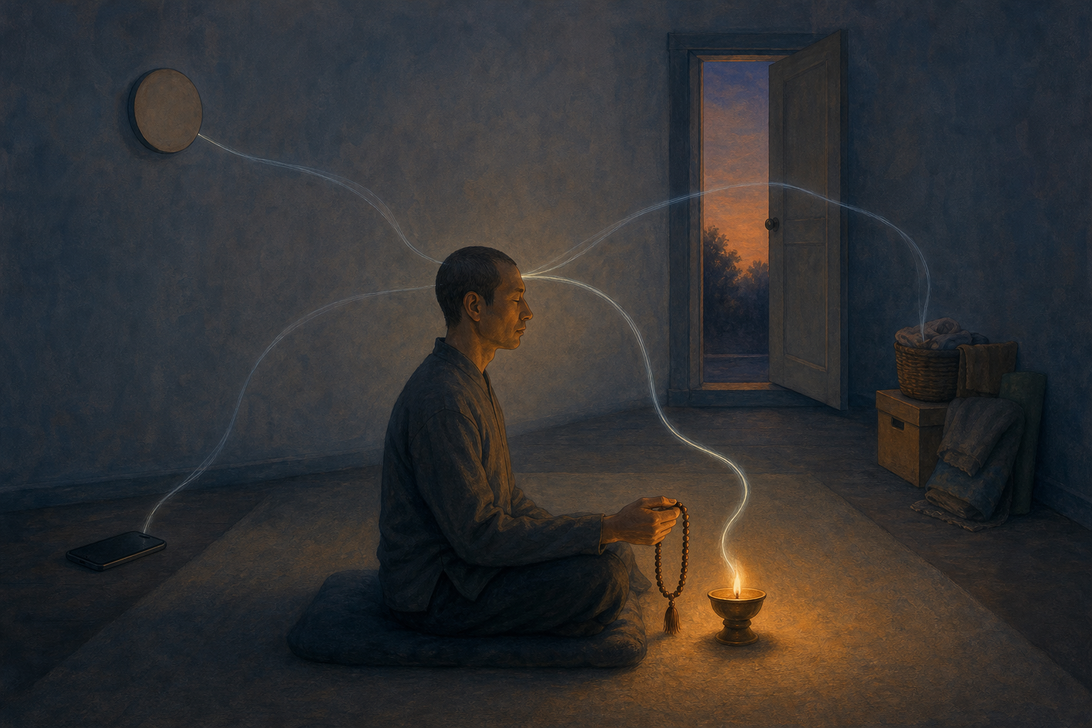 A seated practitioner holds prayer beads as fine glowing lines drift toward a phone, doorway, clock, and household items, with one line curving back to the lamp.