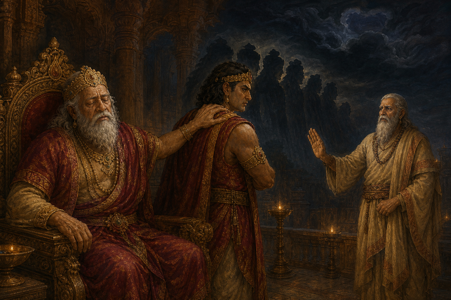 The blind king Dhritarashtra holds an adult son close while turning away from a counselor offering a warning in a dim royal court.