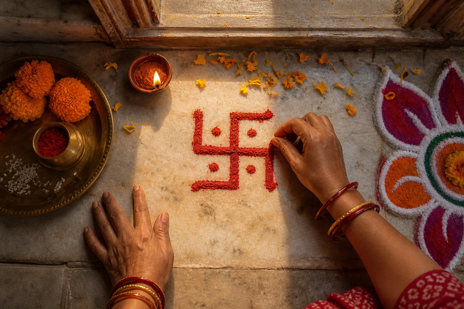 Hands draw a red sacred Swastika with decorative dots beside a clay lamp, marigold petals, rice grains, and a brass prayer plate.