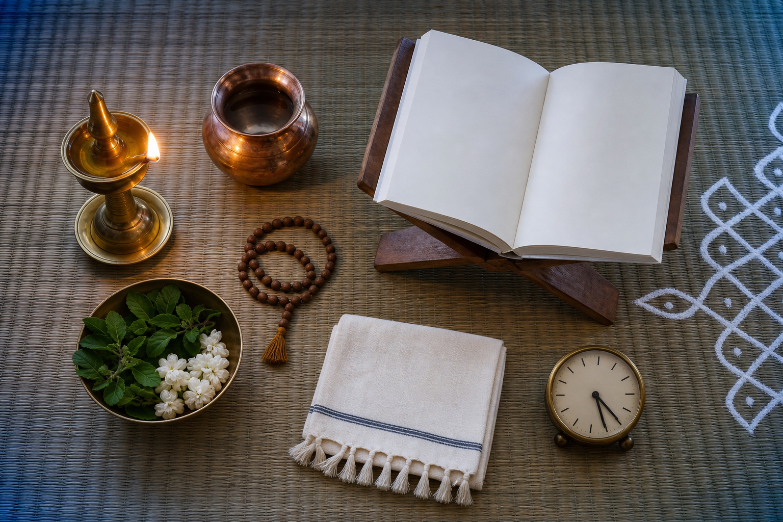A brass lamp, water vessel, tulasi leaves, flowers, prayer beads, folded shawl, blank open book, and analog clock are arranged on a woven mat.