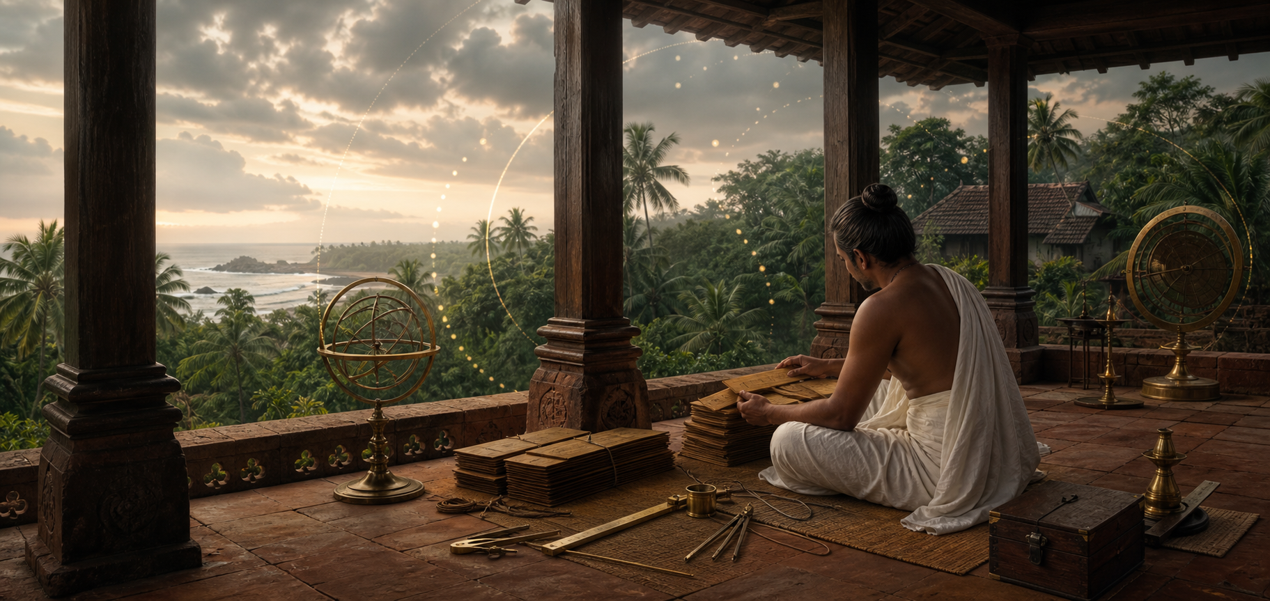 An anonymous historical Kerala scholar studies palm-leaf manuscripts and astronomical instruments on a wooden veranda overlooking coconut palms and the Arabian Sea.