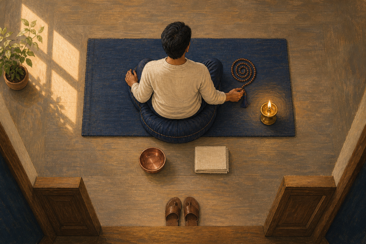 An overhead view shows sandals, a water bowl, folded cloth, cushion, mala, and oil lamp arranged along the path to a seated practitioner.