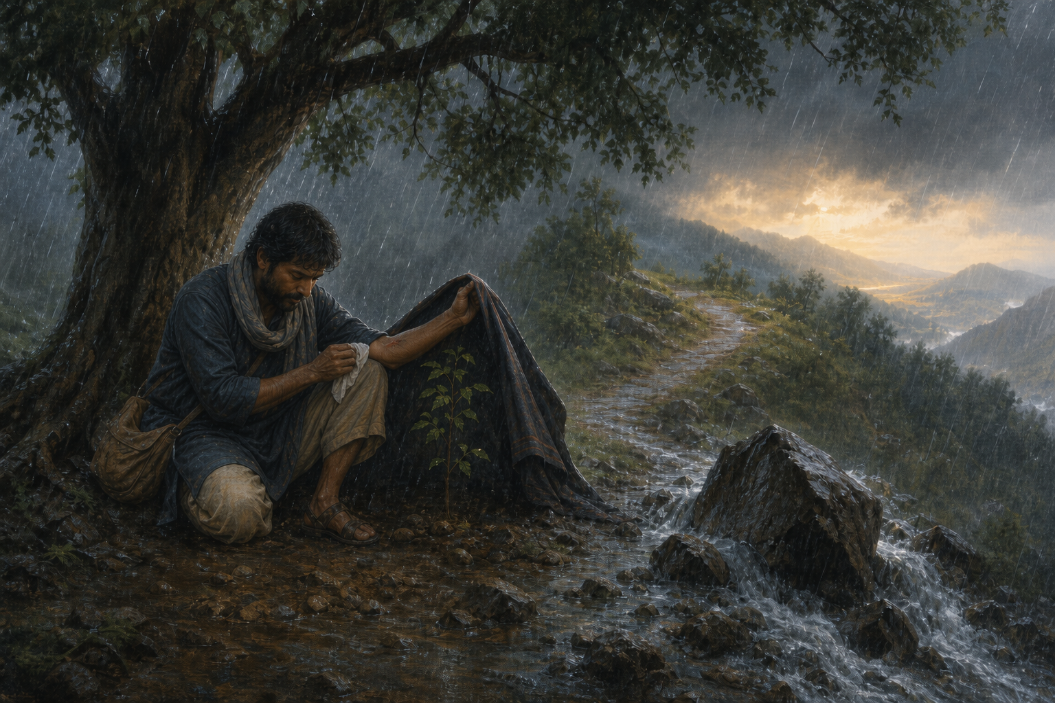 A rain-soaked traveler bandages a scraped arm beneath a tree while using a cloak to protect a small sapling beside a mountain path.