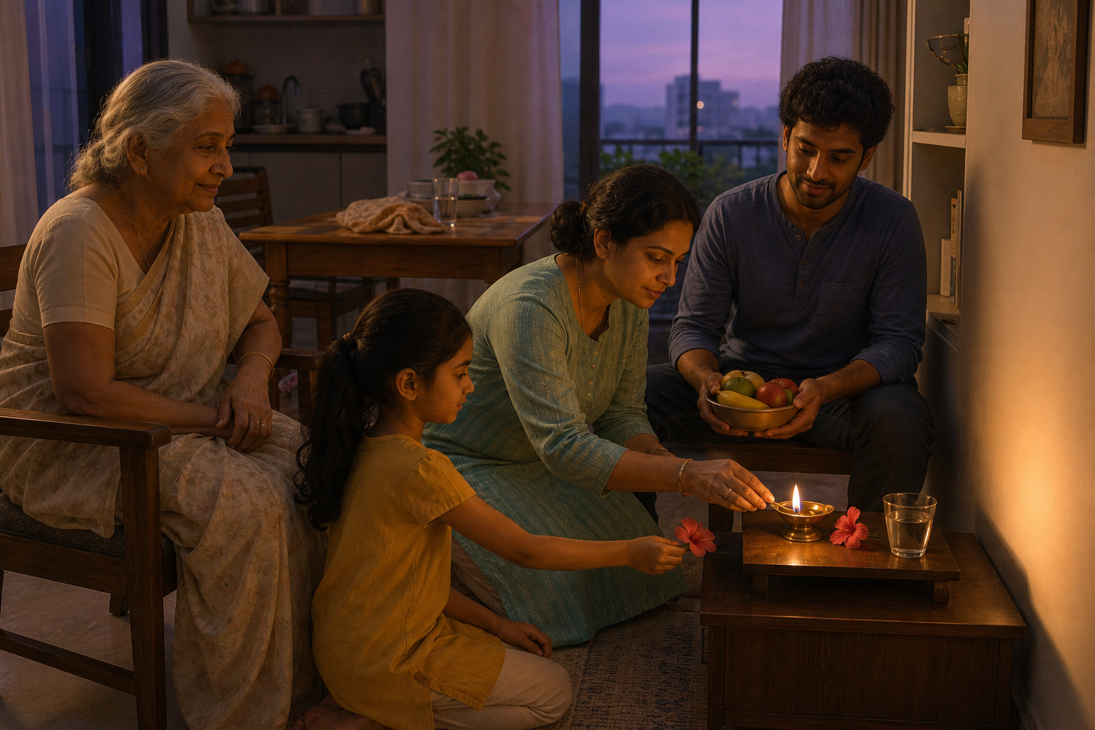 Family members of different ages take part in a simple home devotion with an oil lamp, flower, water, and fruit at dusk.
