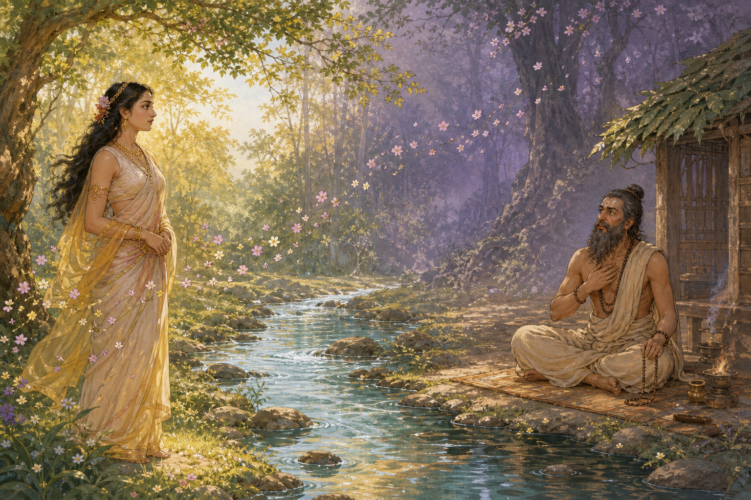 Ghritachi stands in a flowering grove across a stream from a seated sage who pauses at his forest hermitage.