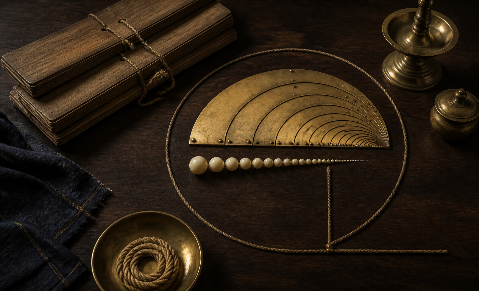 Brass arcs, diminishing beads, cords, and palm-leaf manuscripts form a nonverbal still life suggesting infinite mathematical series and geometric approximation.