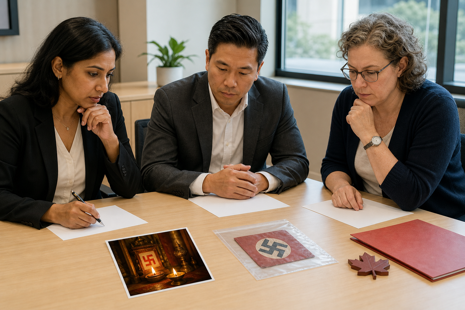 Three administrators compare a shrine image containing a sacred Swastika with an archived Nazi Hakenkreuz while reviewing blank documents in a Canadian civic office.
