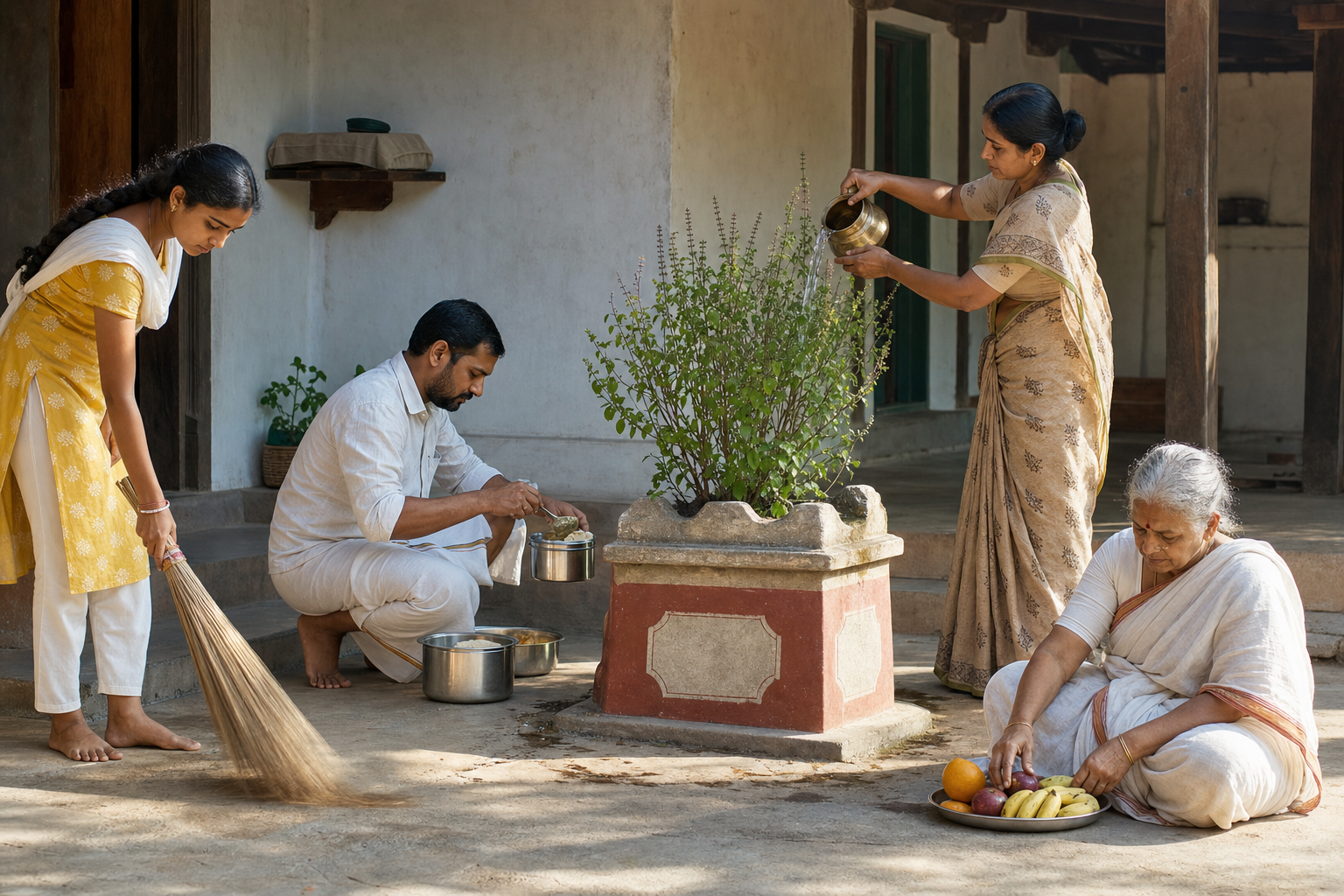 Family members share food, water a tulasi plant, and clean a home courtyard while a covered phone remains unused on a shelf.