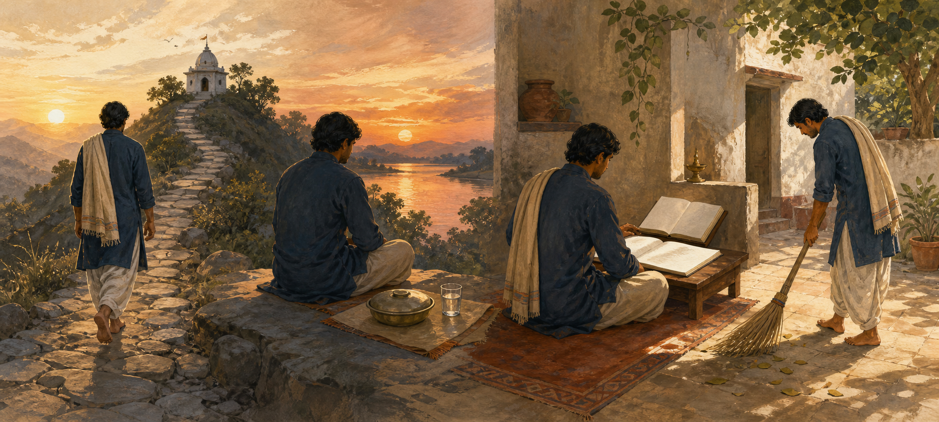 Four connected scenes show one practitioner walking a pilgrimage path, waiting beside a covered meal, studying at a low desk, and sweeping a courtyard.