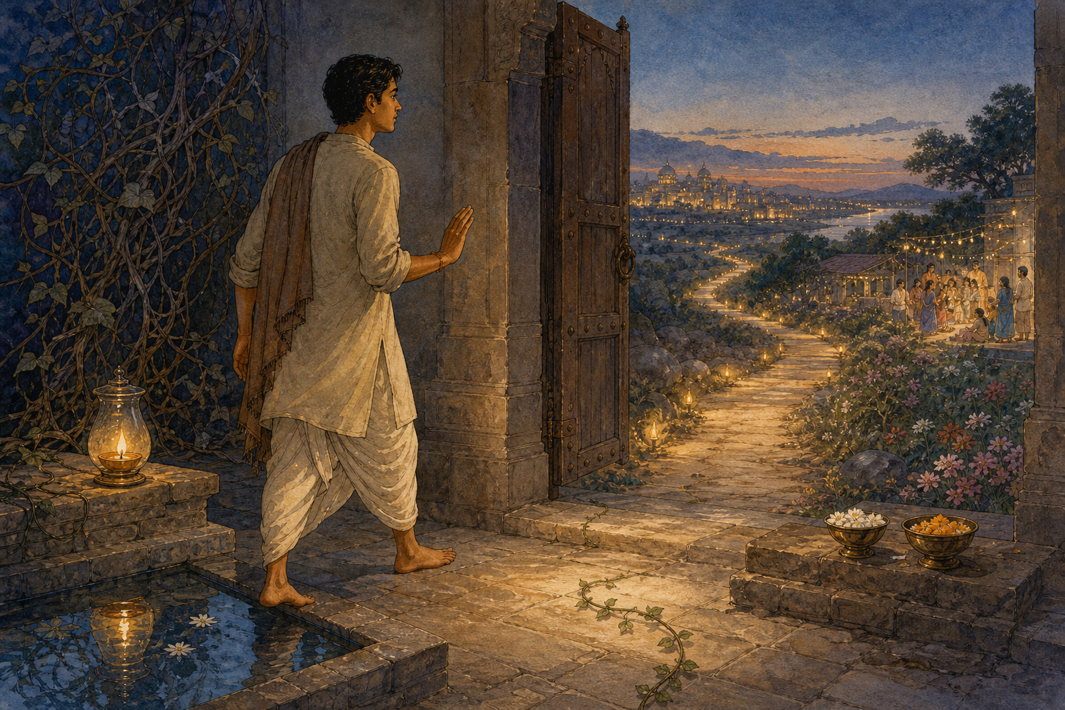 A householder pauses at a stone threshold beside a lamp, reflecting pool, balanced offering bowls, and an open gate leading toward a distant city and garden.
