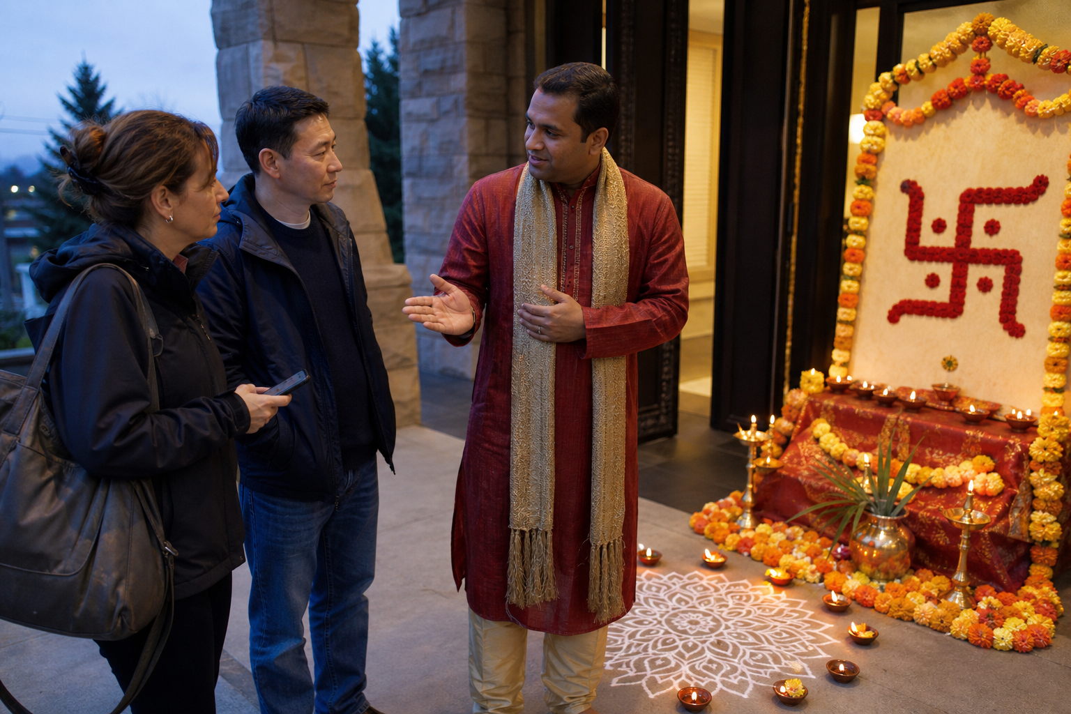 A host calmly explains a sacred Swastika in a lamp-and-marigold festival display to two attentive visitors at a community center entrance.