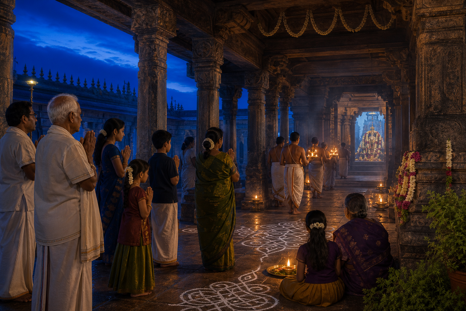 Families and elders stand with joined hands in a South Indian Vaishnava temple hall as priests carry lamps toward the sanctum before sunrise.