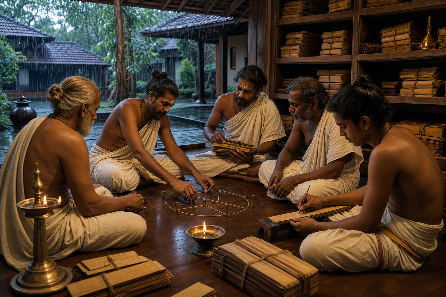 A multigenerational group of Kerala scholars discusses geometry and palm-leaf manuscripts in a rain-cooled wooden courtyard.