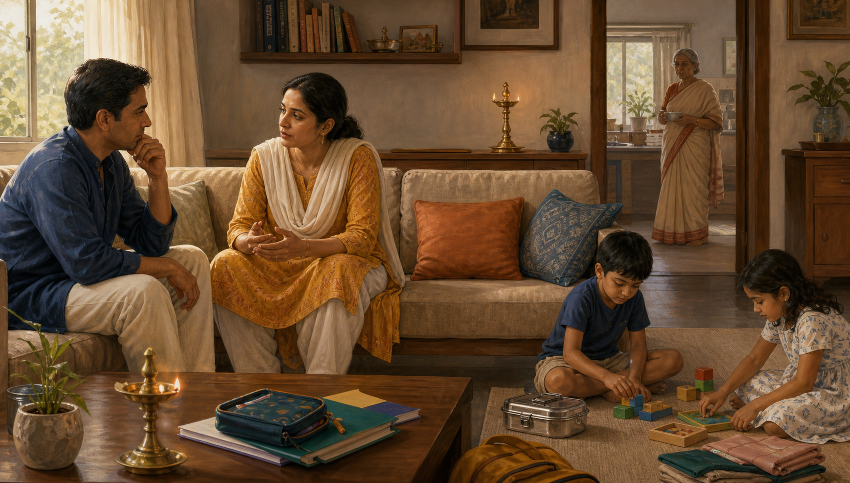 An Indian couple talks in a sunlit living room while two children play nearby and an elderly grandparent stands in an open doorway.