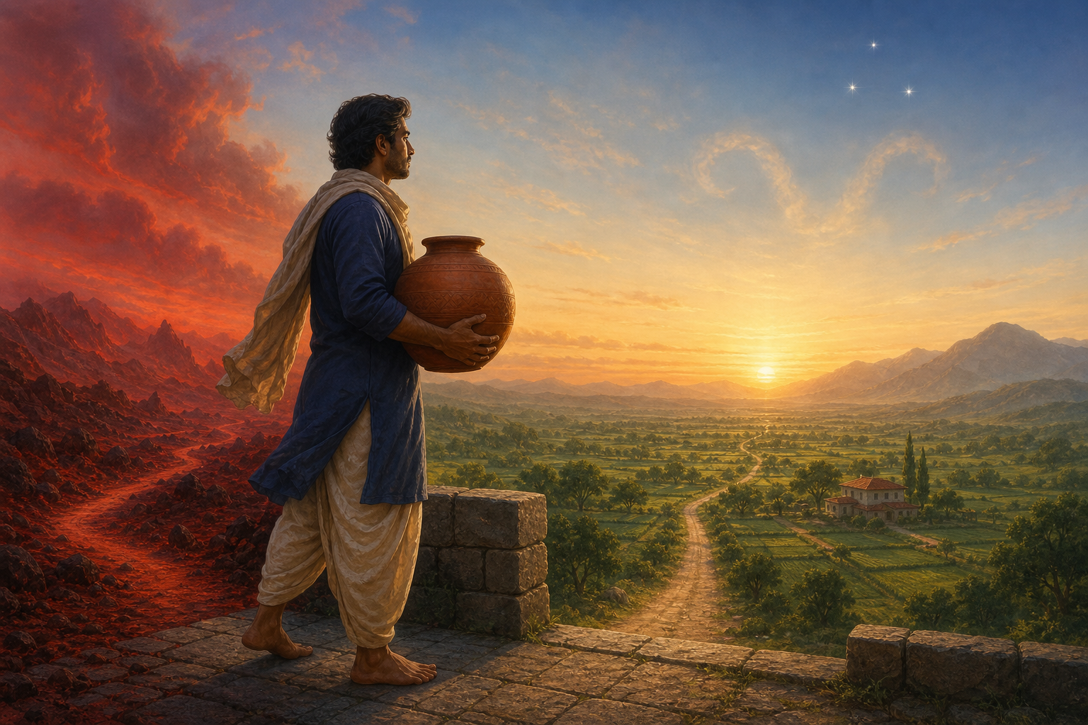 A person holding a terracotta vessel stands at sunrise between a red rocky path and a green cultivated valley beneath three stars.