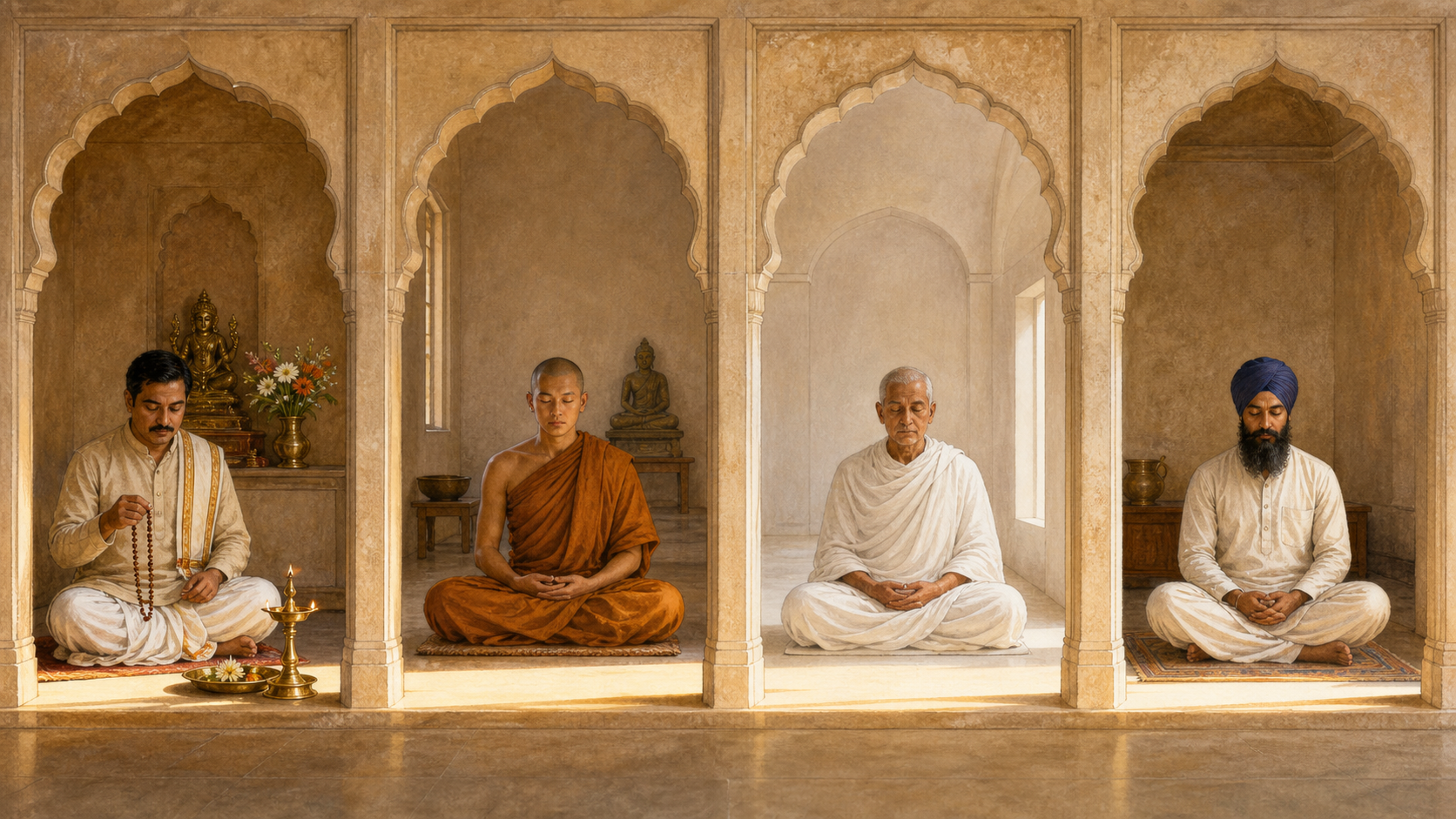 Four practitioners occupy separate adjoining spaces, counting a mala, meditating in monastic robes, sitting in white contemplation, and practicing quiet remembrance in a turban.