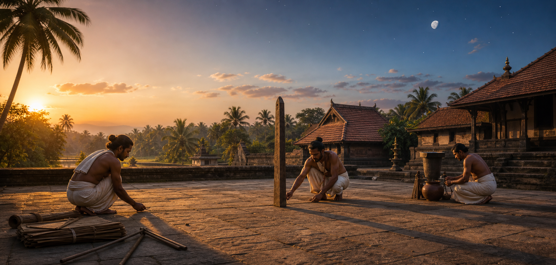 Scholars measure a gnomon's shadow and use a water-timing vessel in a temple-adjacent Kerala courtyard beneath the evening sky.