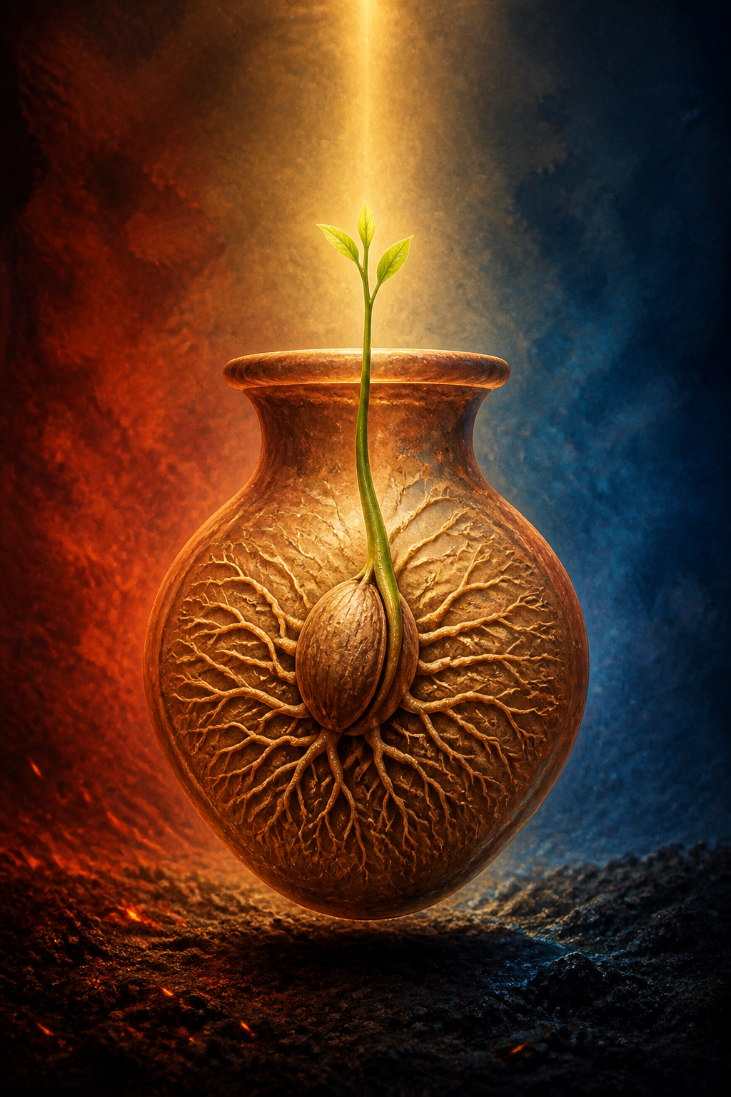 A sprouting seed with strong roots grows inside a translucent clay vessel lit by a beam of golden light.