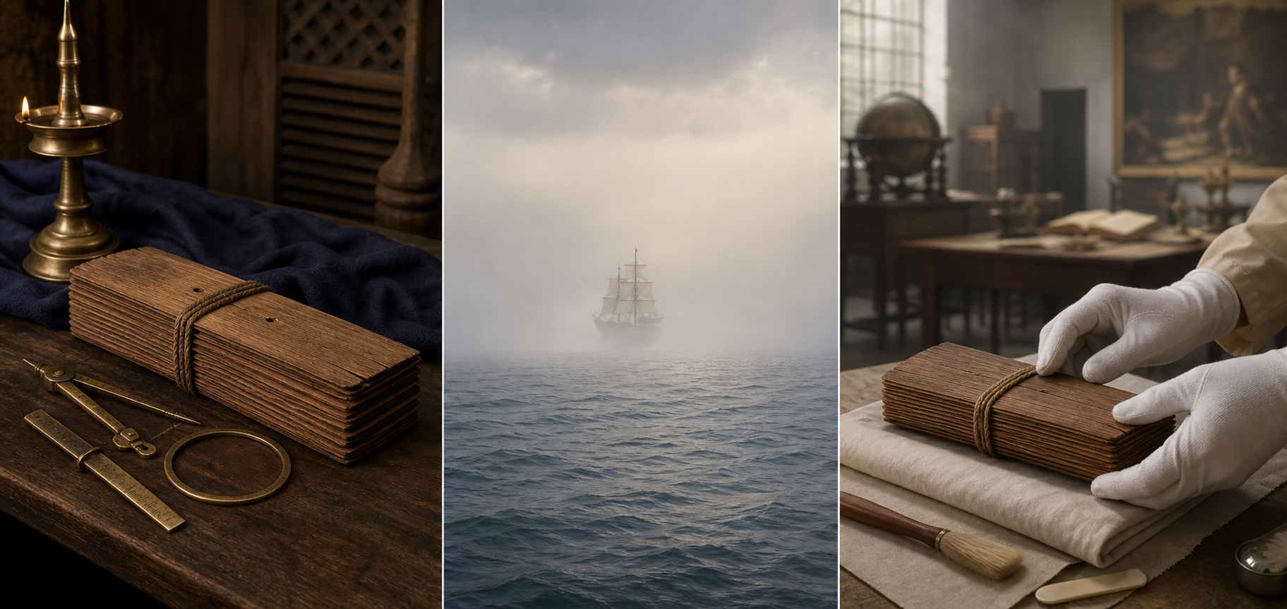 A separated three-part scene shows Kerala mathematical materials, an uncertain ocean route, and modern archival examination of a palm-leaf manuscript.