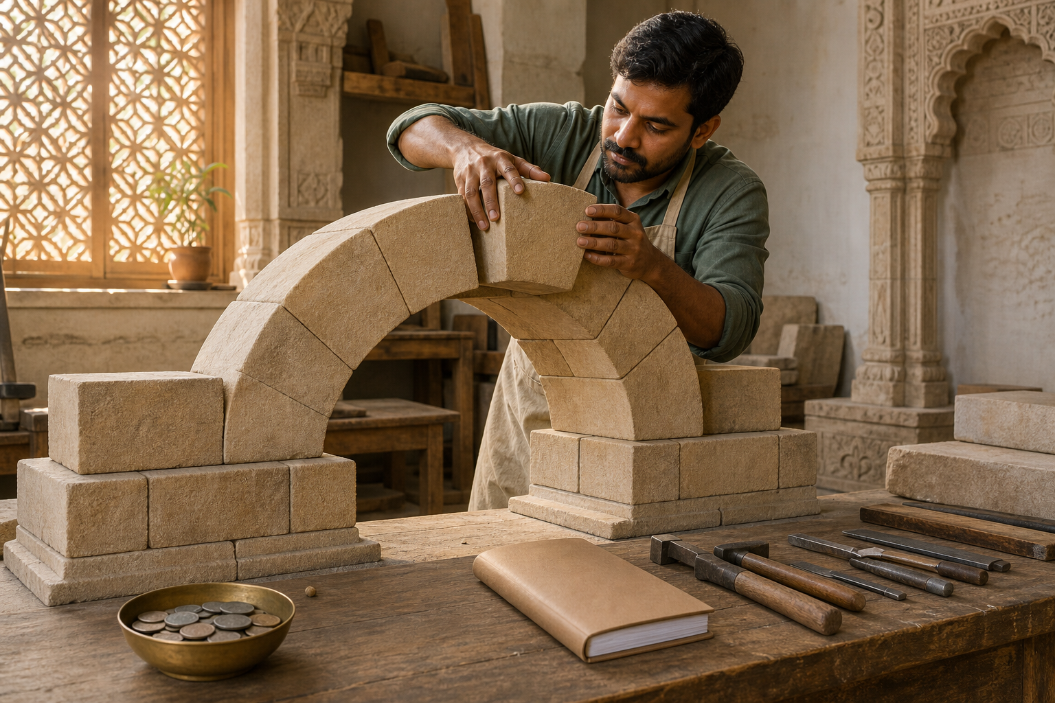 A craftsperson checks a stone block while constructing a sturdy arch in a sunlit workshop with tools and a bowl of coins nearby.