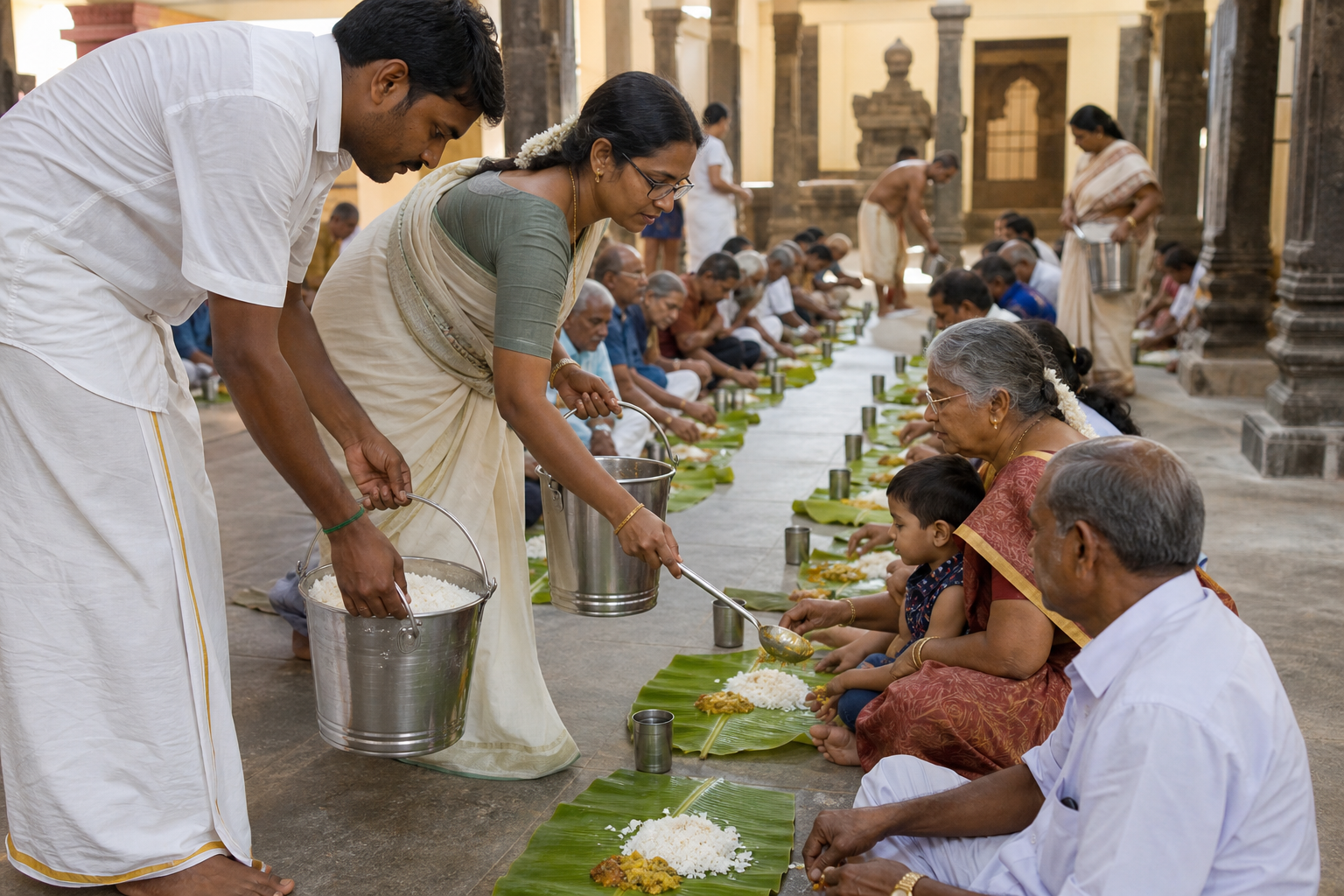 Volunteers serve rice and vegetable dishes from stainless-steel vessels to pilgrims seated in rows in a temple dining hall.