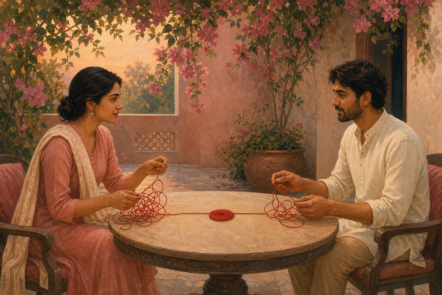 Two people seated across a low table calmly untangle a red thread together in a flowering courtyard.