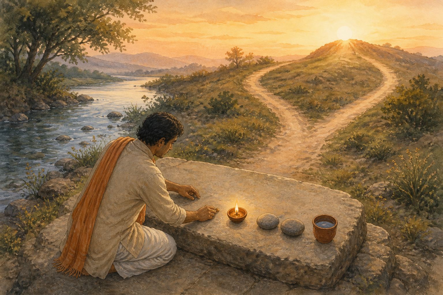 A person beside a river arranges a seed, lamp, two stones, and a clay cup near a branching path at dawn.